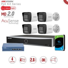 Hikvision DS-KIT1043G2-LIU. Kit IP Nvr 4 canali,4 bullet da 4mpx con Audio switch PoE 5 porte, HD1TB