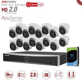 Hikvision KIT1343G2/16-LIU-POE. Kit IP Nvr 16 canali PoE,16 Turret 4mpx e Audio, HDD2TB