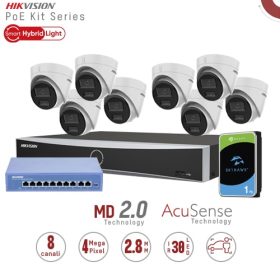 Hikvision KIT1343G2/8-LIU. Kit IP Nvr 8 canali,8 Dome da 4mpx con Audio switch PoE 10 porte, HD1TB
