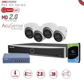 Hikvision DS-KIT1343G2-LIU. Kit IP Nvr 4 canali,4 Dome da 4mpx con Audio switch PoE 5 porte, HD1TB
